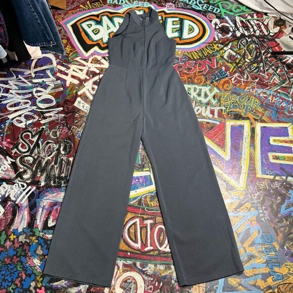 Minimalist Gray Blue High-Neck Jumpsuit - Wide-Leg, Size Large, Zip Closure - Picture 1 of 11